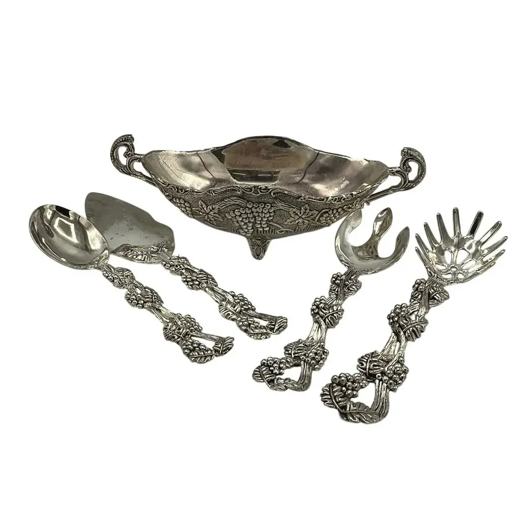 Vtg Godinger Silver Plated Footed Bowl & Set of 4 Serving Utensils Grape Pattern
